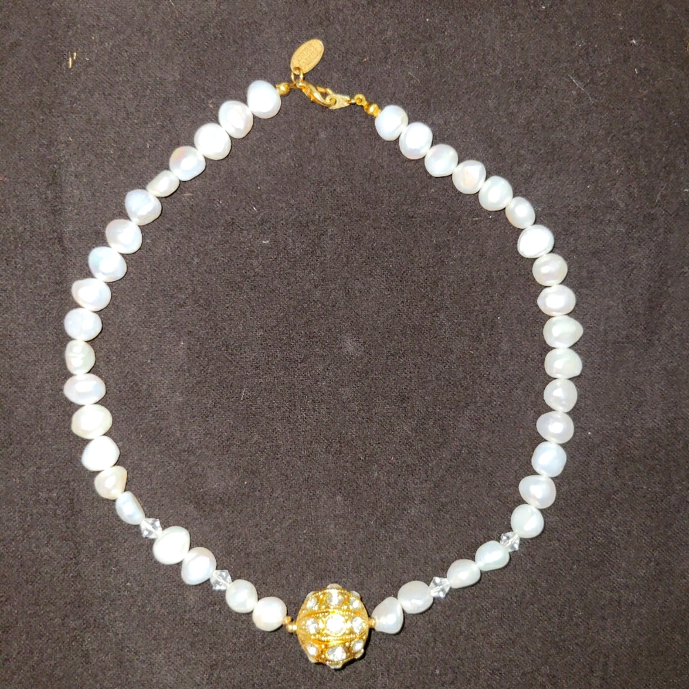 Miriam Haskell 15" Natural Pearl Necklace with Rhinestone Bead
